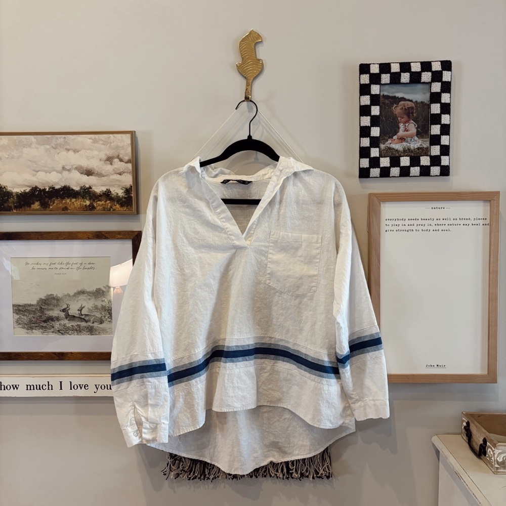 Zara White Cotton Popover Blouse with Navy Stripe